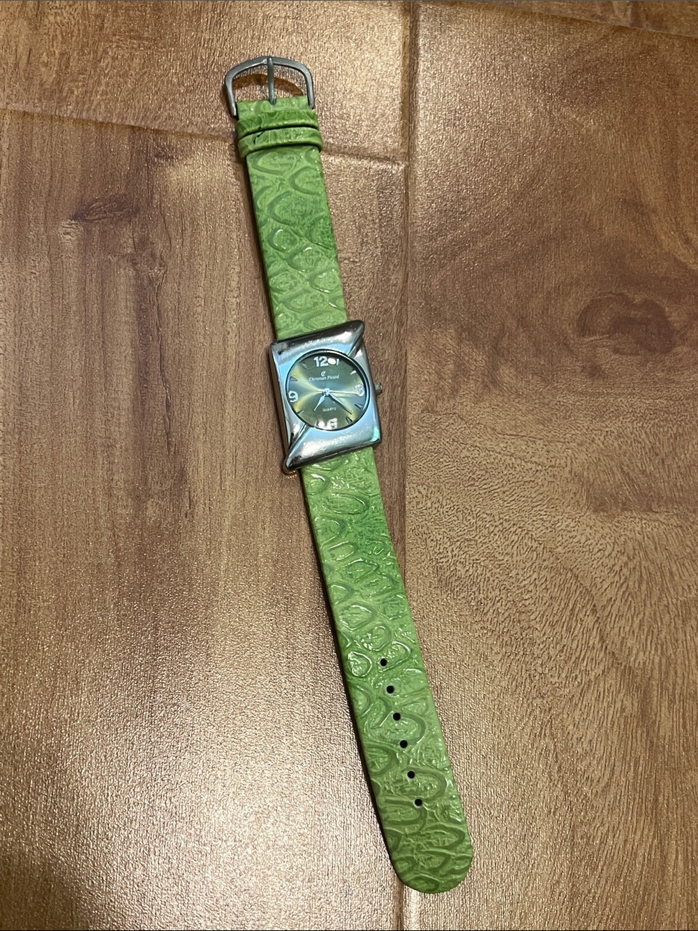 Green Textured Leather Strap Women's Watch with Silver Square Case